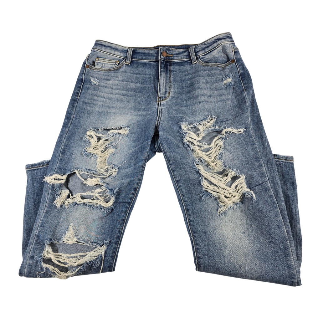 JUDY BLUE Boyfriend Fit Distressed Ripped Blue Denim Jeans Womensโ Size 9 29